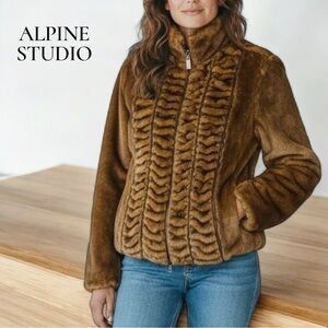 Alpine Studio Brown Faux Fur Jacket Ruched Distressed Faux Leather Trim Zipper